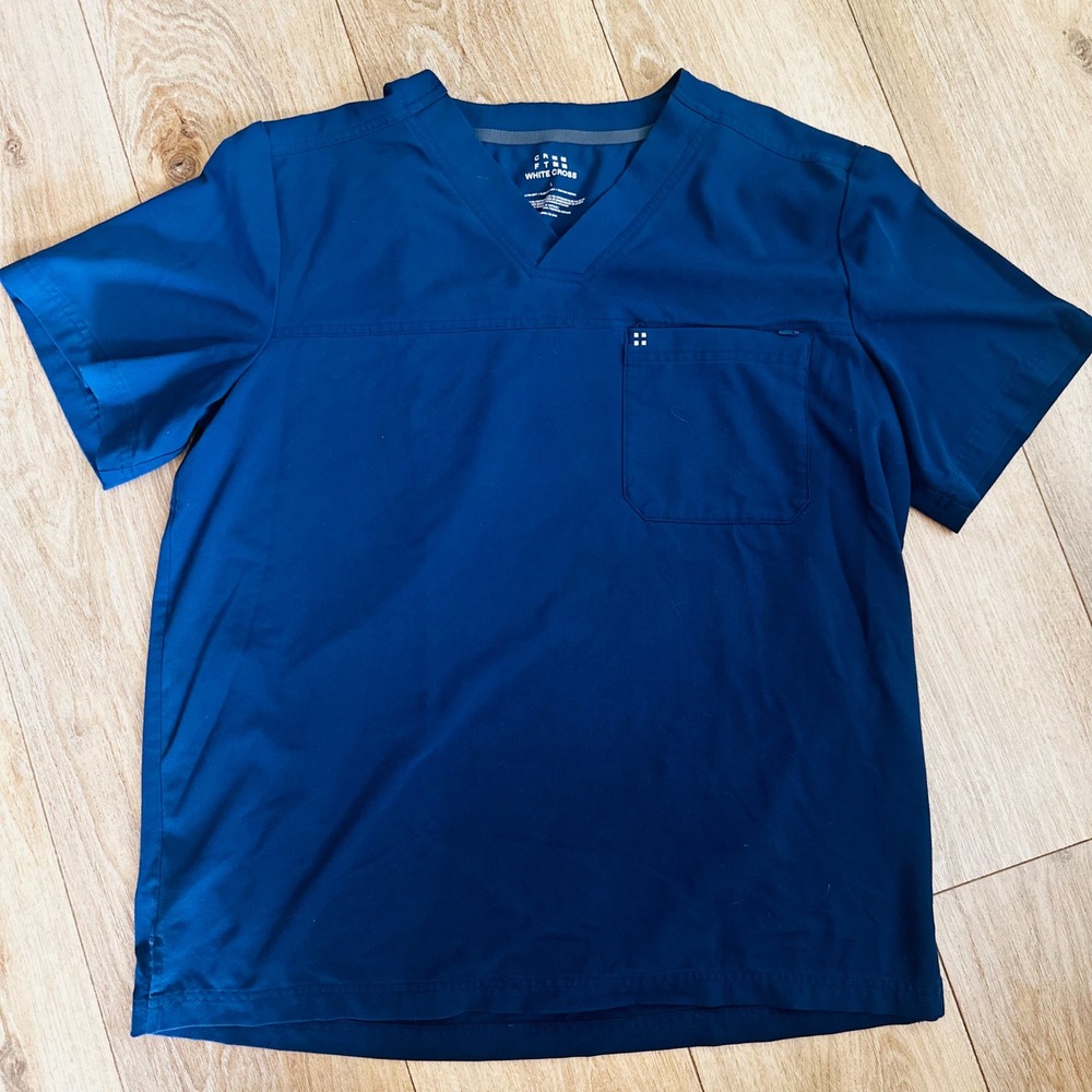 White Cross CRFT Mens Scrub Top Navy Blue V-Neck Pocket Large 22499